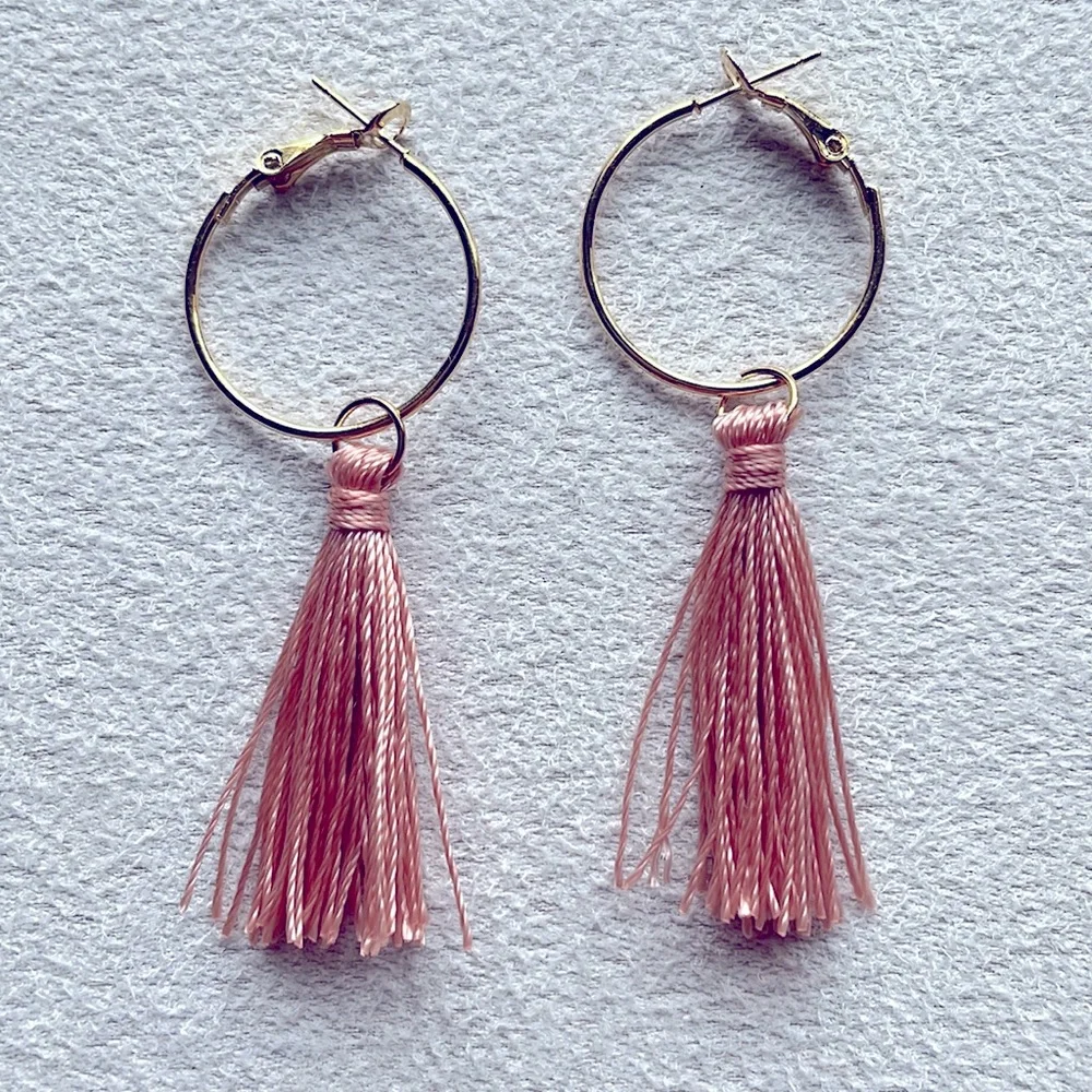 Gold hoop + pink tassel earrings